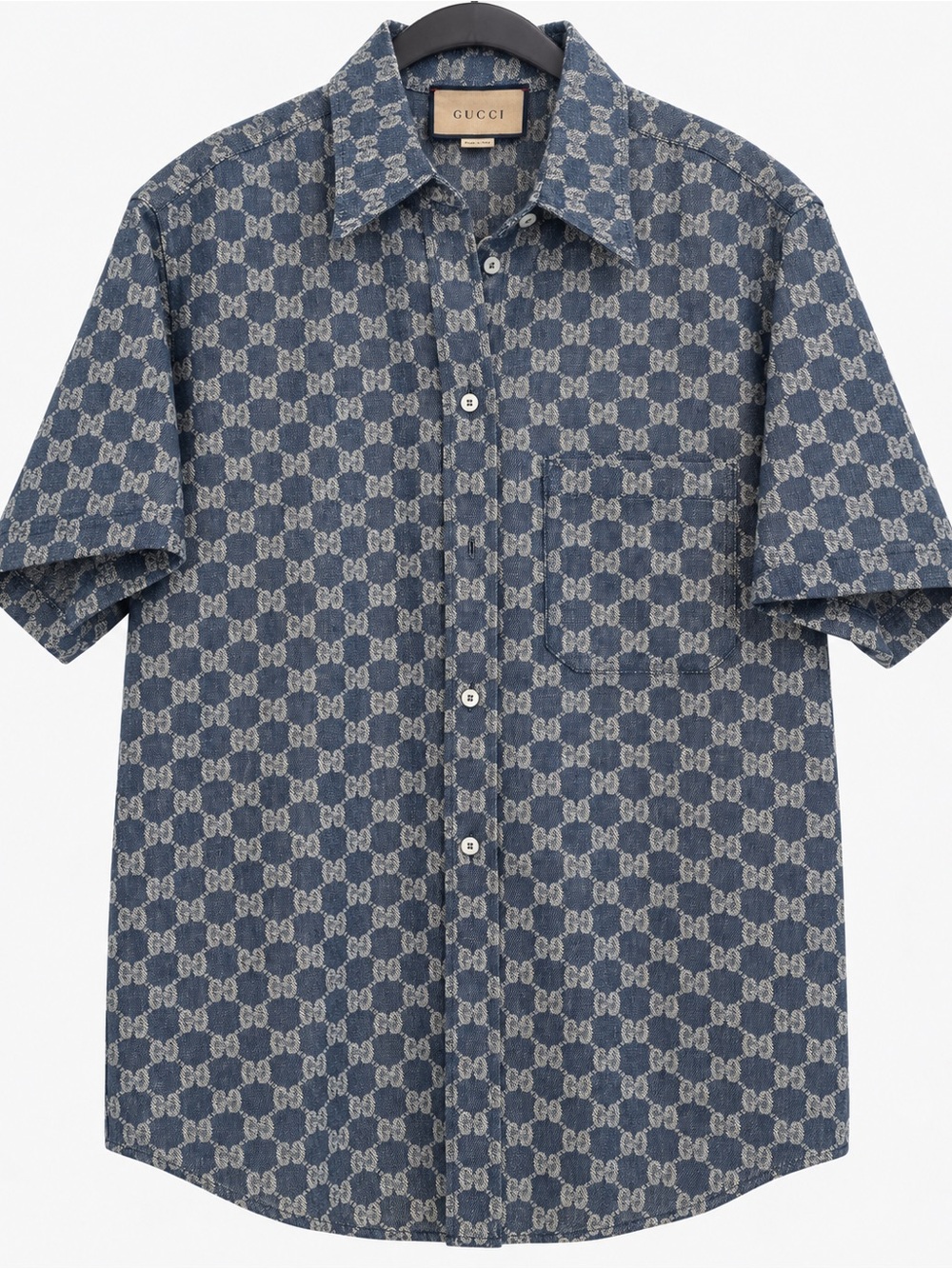 Gucci Blue Monogram Denim Short-Sleeve Button-Down Shirt